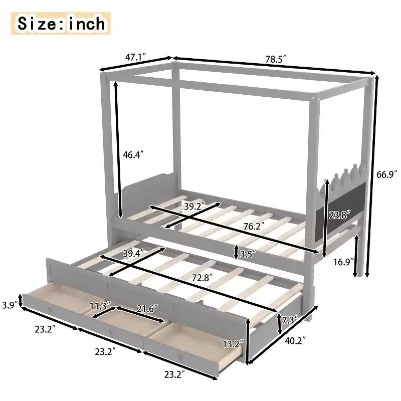 Letto a baldacchino moderno GDFStudio Zhiyuan in legno con testiera imbottita in lino, letto estraibile e 3 cassetti