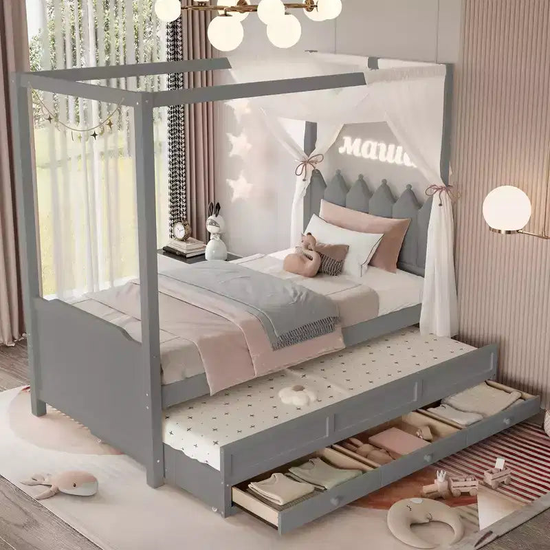Letto a baldacchino moderno GDFStudio Zhiyuan in legno con testiera imbottita in lino, letto estraibile e 3 cassetti
