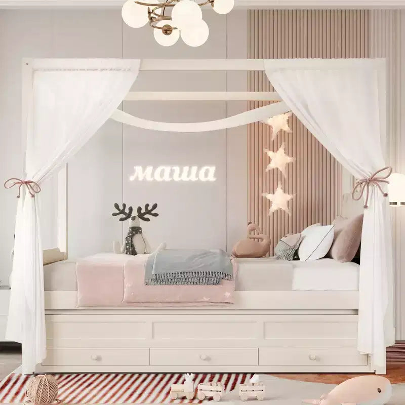Letto a baldacchino moderno GDFStudio Zhiyuan in legno con testiera imbottita in lino, letto estraibile e 3 cassetti