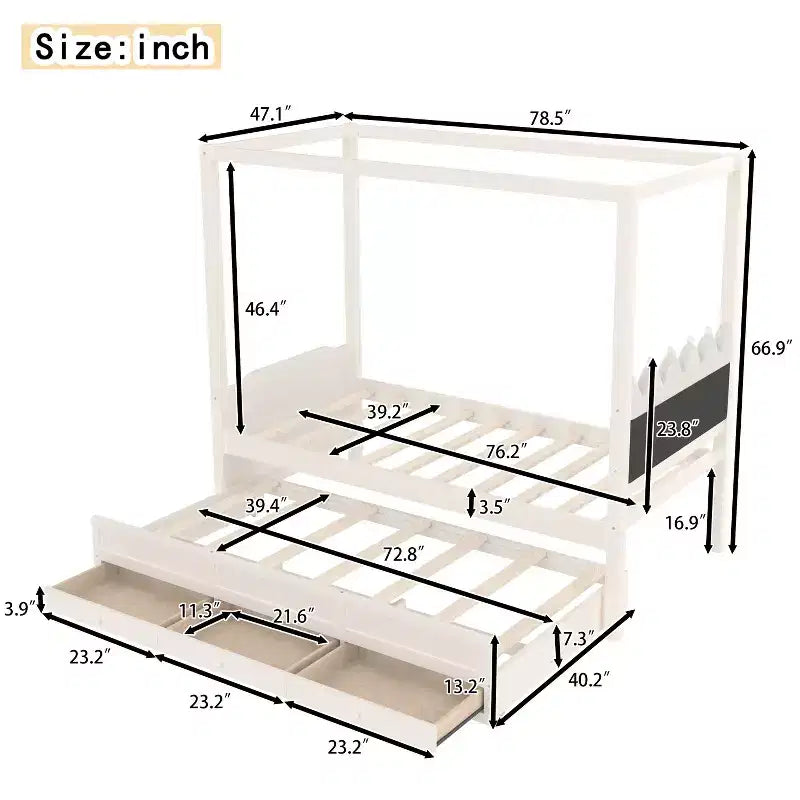 Letto a baldacchino moderno GDFStudio Zhiyuan in legno con testiera imbottita in lino, letto estraibile e 3 cassetti