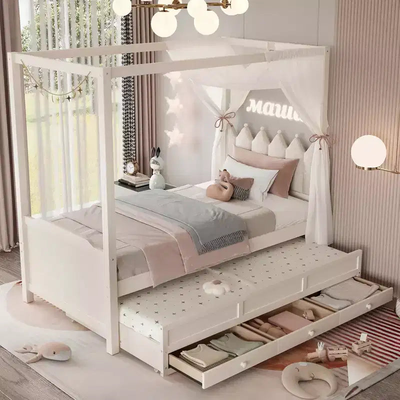 Letto a baldacchino moderno GDFStudio Zhiyuan in legno con testiera imbottita in lino, letto estraibile e 3 cassetti