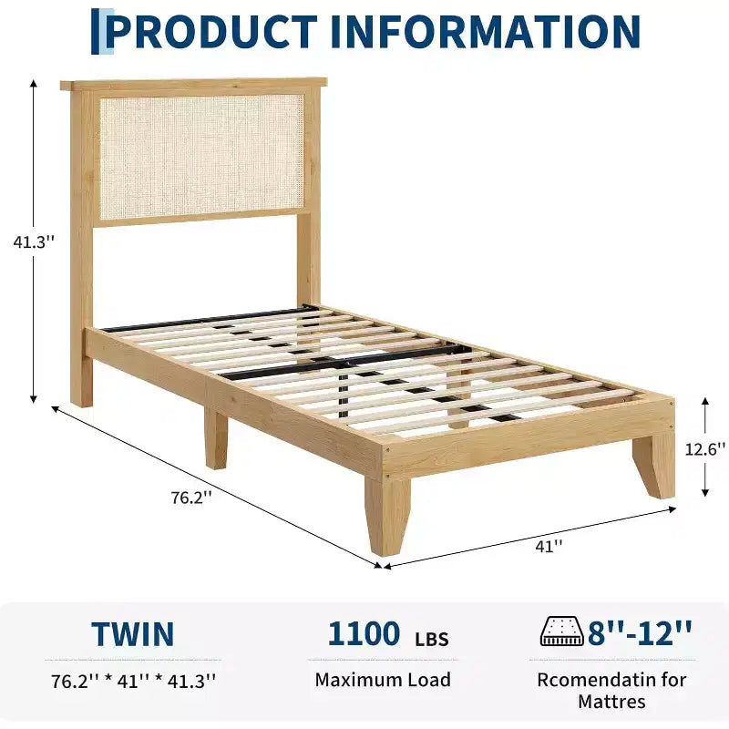 Struttura Letto in Rattan con Testiera in Rattan Naturale, Struttura Letto Bohemien in Rattan, Base in Legno Massello, Doghe Silenziose, Nessuna Rete a Molle Necessaria, Montaggio Semplice