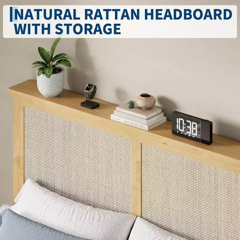 Struttura Letto in Rattan con Testiera in Rattan Naturale, Struttura Letto Bohemien in Rattan, Base in Legno Massello, Doghe Silenziose, Nessuna Rete a Molle Necessaria, Montaggio Semplice