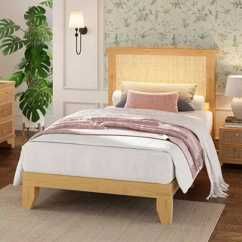 Struttura Letto in Rattan con Testiera in Rattan Naturale, Struttura Letto Bohemien in Rattan, Base in Legno Massello, Doghe Silenziose, Nessuna Rete a Molle Necessaria, Montaggio Semplice