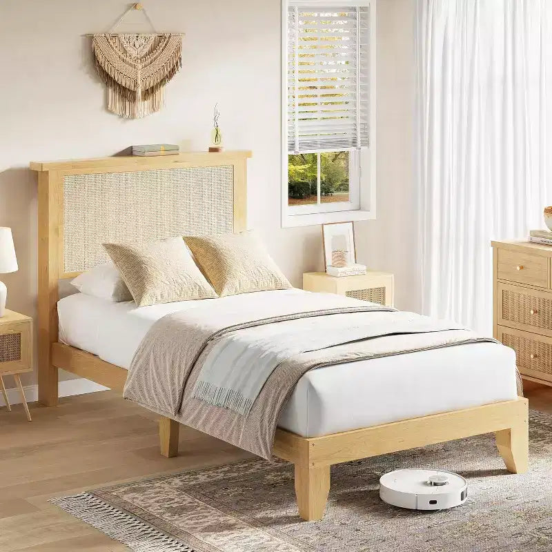 Struttura Letto in Rattan con Testiera in Rattan Naturale, Struttura Letto Bohemien in Rattan, Base in Legno Massello, Doghe Silenziose, Nessuna Rete a Molle Necessaria, Montaggio Semplice