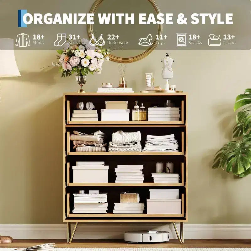 Cassettiera scanalata a 4 cassetti per camera da letto, cassettiera moderna minimalista da 32 pollici di larghezza con cassetti in legno, ampio organizer per vestiti, cassettiera per armadio