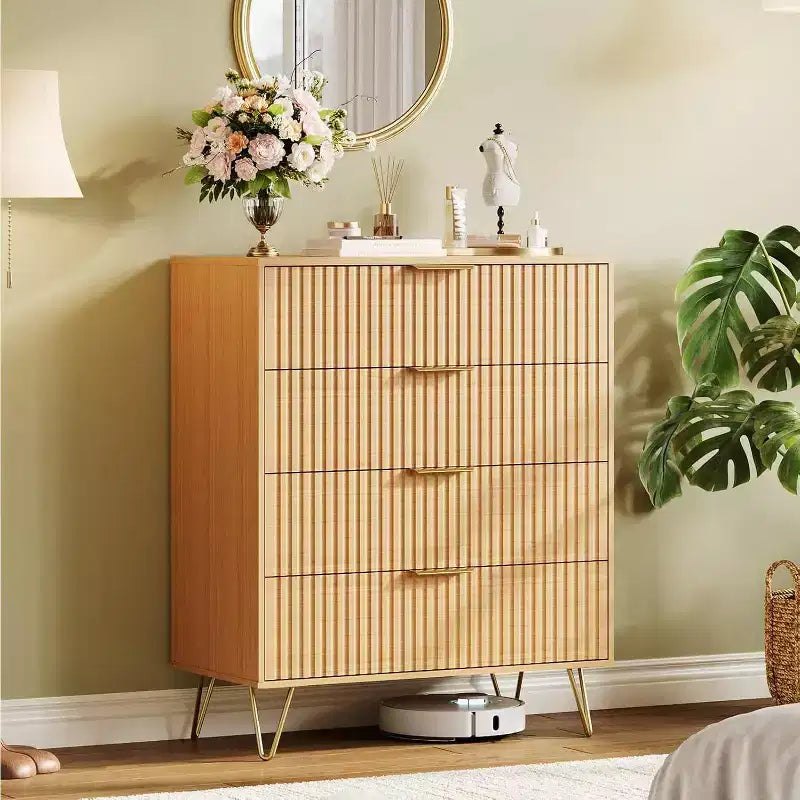 Cassettiera scanalata a 4 cassetti per camera da letto, cassettiera moderna minimalista da 32 pollici di larghezza con cassetti in legno, ampio organizer per vestiti, cassettiera per armadio