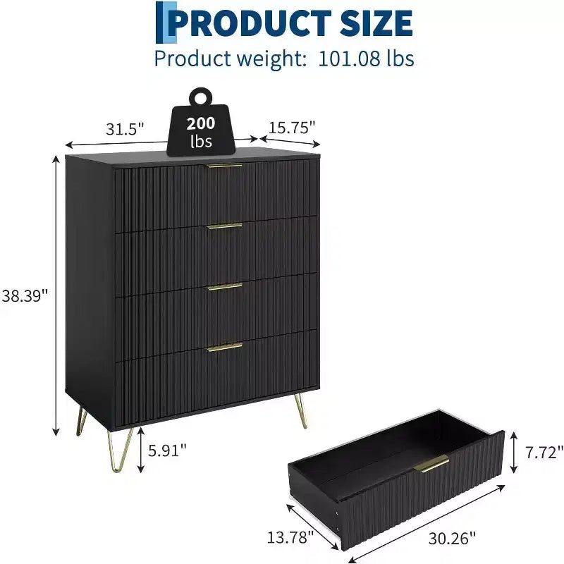 Cassettiera scanalata a 4 cassetti per camera da letto, cassettiera moderna minimalista da 32 pollici di larghezza con cassetti in legno, ampio organizer per vestiti, cassettiera per armadio