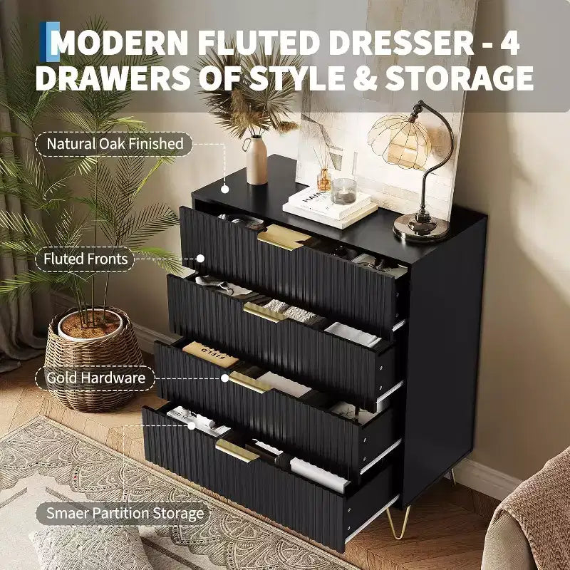 Cassettiera scanalata a 4 cassetti per camera da letto, cassettiera moderna minimalista da 32 pollici di larghezza con cassetti in legno, ampio organizer per vestiti, cassettiera per armadio