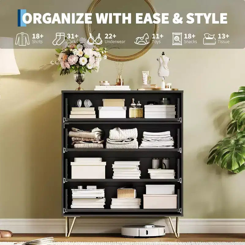 Cassettiera scanalata a 4 cassetti per camera da letto, cassettiera moderna minimalista da 32 pollici di larghezza con cassetti in legno, ampio organizer per vestiti, cassettiera per armadio