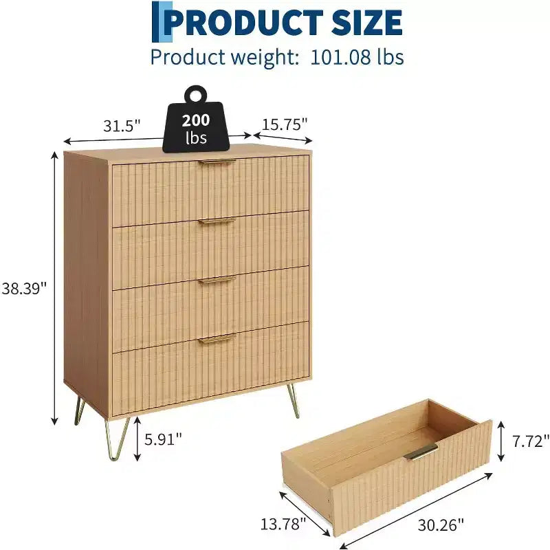 Cassettiera scanalata a 4 cassetti per camera da letto, cassettiera moderna minimalista da 32 pollici di larghezza con cassetti in legno, ampio organizer per vestiti, cassettiera per armadio