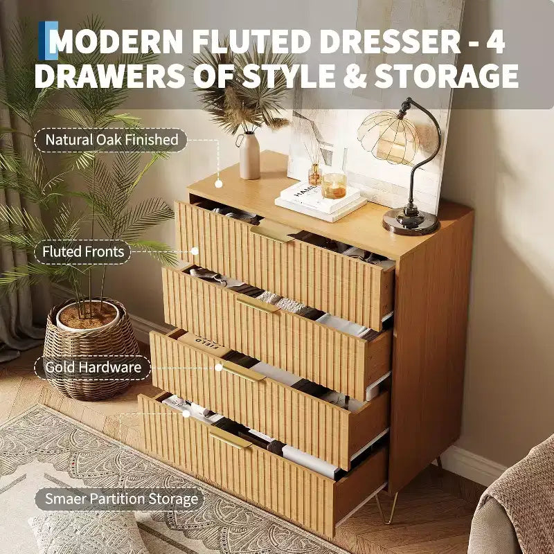 Cassettiera scanalata a 4 cassetti per camera da letto, cassettiera moderna minimalista da 32 pollici di larghezza con cassetti in legno, ampio organizer per vestiti, cassettiera per armadio
