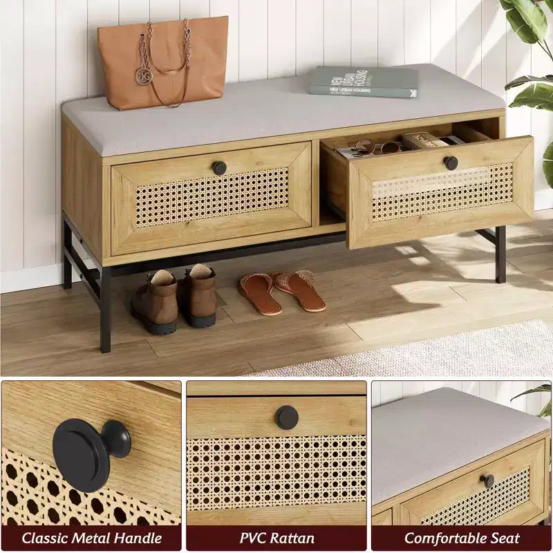 Panca per scarpe da ingresso - Panca in rattan in stile rustico con 2 cassetti portaoggetti, cuscino lavabile e struttura in acciaio, capacità 150 kg