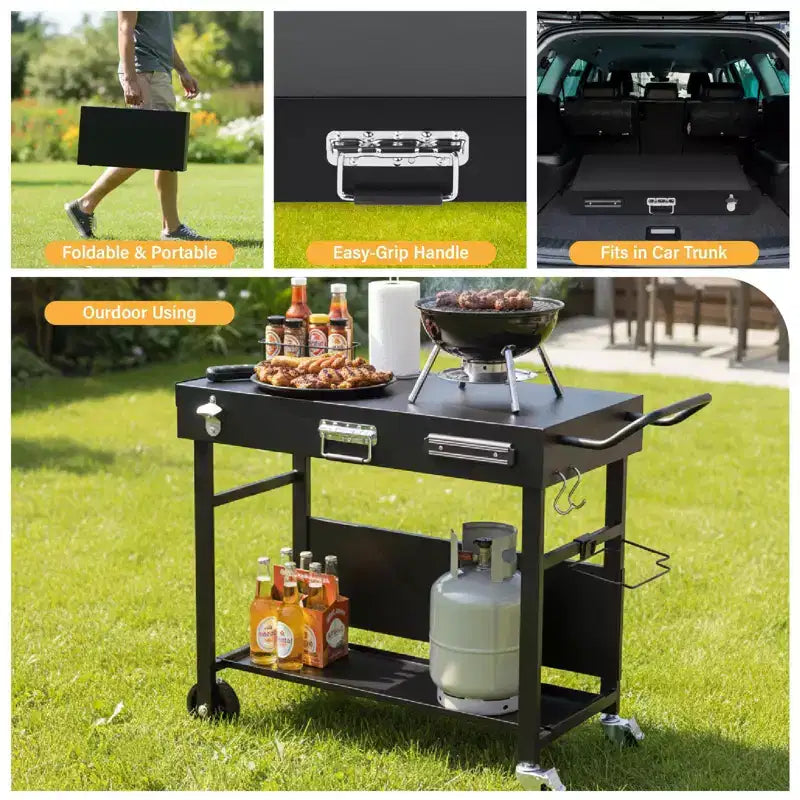 ROVSUN Tavolo Carrello da Esterno per Barbecue, Carrello Pieghevole per Barbecue con Ruote, Tavolo con Rotelle per Ninja, Blackstone Griddle, Supporto per Forno Pizza, Tavolo per Preparazione Cibo