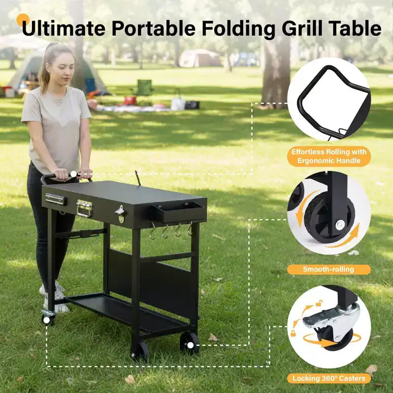 ROVSUN Tavolo Carrello da Esterno per Barbecue, Carrello Pieghevole per Barbecue con Ruote, Tavolo con Rotelle per Ninja, Blackstone Griddle, Supporto per Forno Pizza, Tavolo per Preparazione Cibo