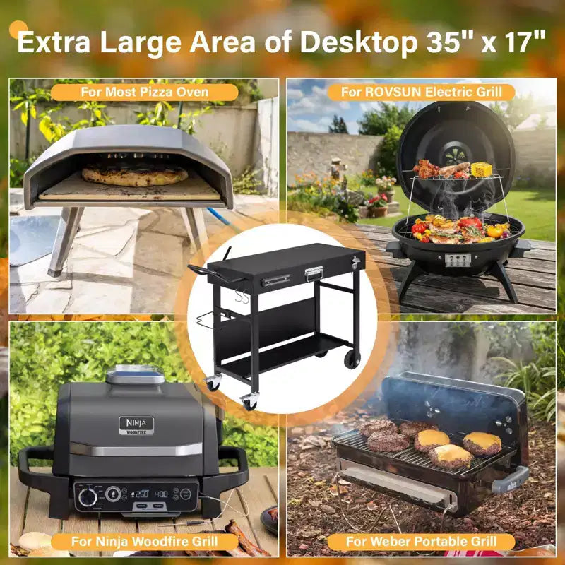 ROVSUN Tavolo Carrello da Esterno per Barbecue, Carrello Pieghevole per Barbecue con Ruote, Tavolo con Rotelle per Ninja, Blackstone Griddle, Supporto per Forno Pizza, Tavolo per Preparazione Cibo