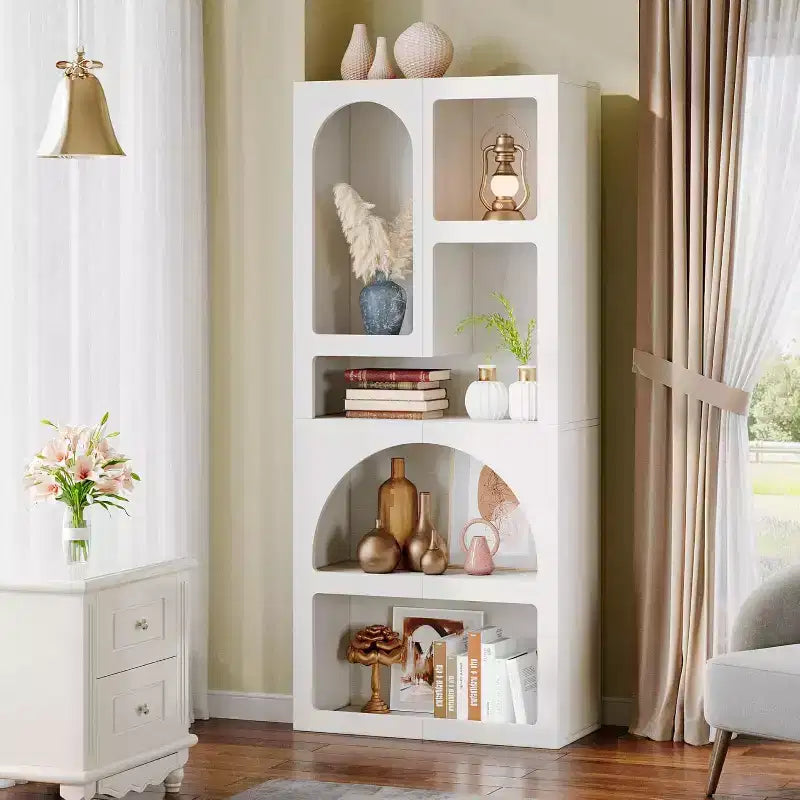 Libreria geometrica Lantine da 180 cm, libreria ad arco bianca con 5 ripiani irregolari per soggiorno, camera da letto, armadio