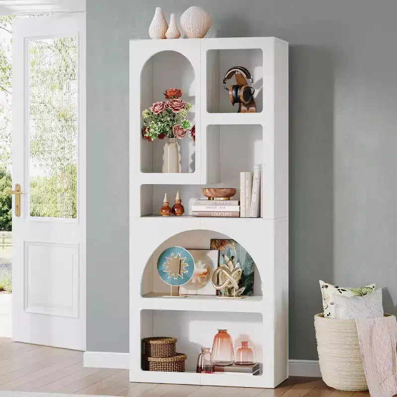 Libreria geometrica Lantine da 180 cm, libreria ad arco bianca con 5 ripiani irregolari per soggiorno, camera da letto, armadio