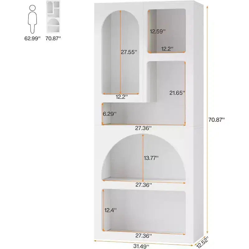 Libreria geometrica Lantine da 180 cm, libreria ad arco bianca con 5 ripiani irregolari per soggiorno, camera da letto, armadio