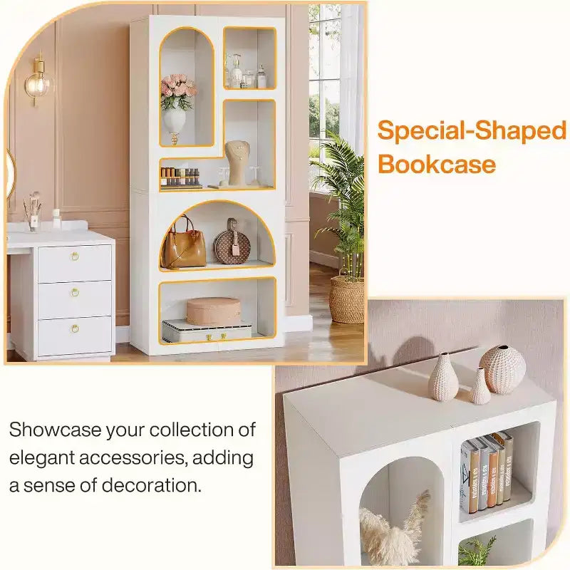 Libreria geometrica Lantine da 180 cm, libreria ad arco bianca con 5 ripiani irregolari per soggiorno, camera da letto, armadio