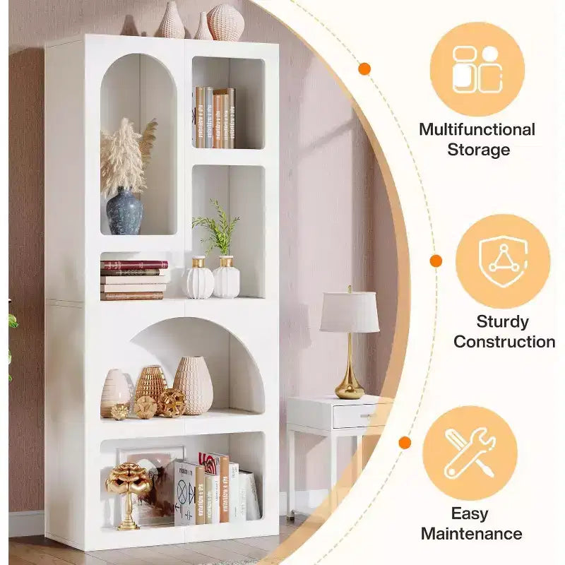 Libreria geometrica Lantine da 180 cm, libreria ad arco bianca con 5 ripiani irregolari per soggiorno, camera da letto, armadio
