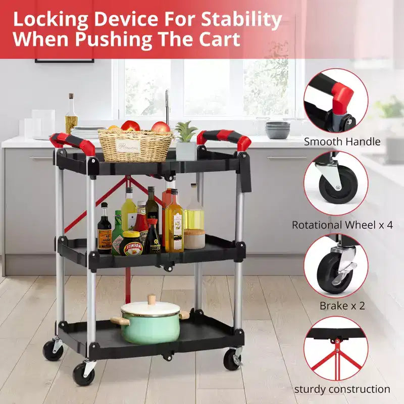 Carrello di servizio pieghevole a 3 ripiani con ruote girevoli a 360° bloccabili, resistente con capacità di 75 kg, per ufficio, garage, officina, cucina, magazzino