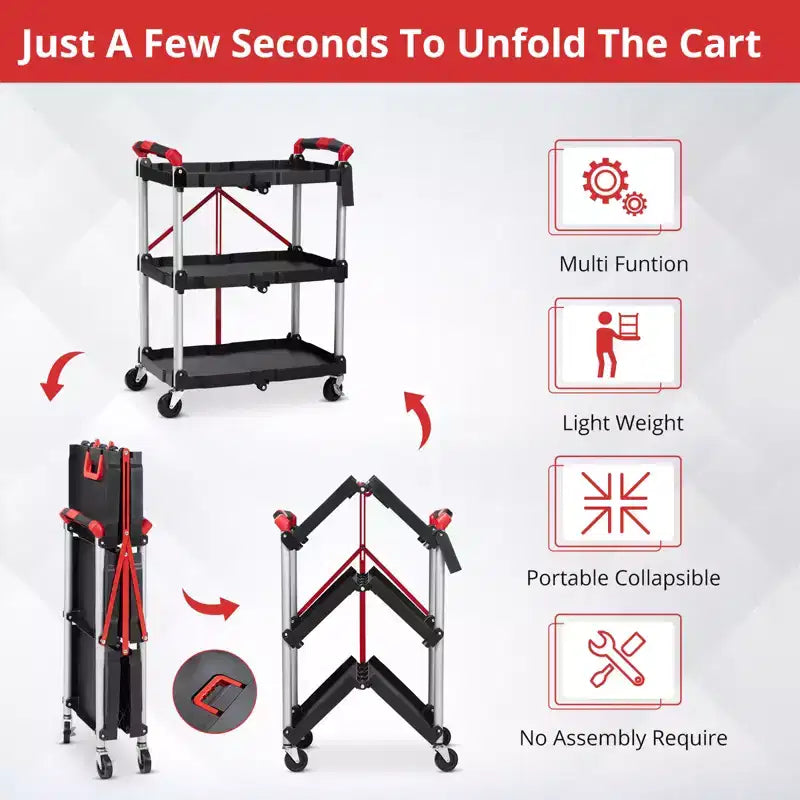 Carrello di servizio pieghevole a 3 ripiani con ruote girevoli a 360° bloccabili, resistente con capacità di 75 kg, per ufficio, garage, officina, cucina, magazzino