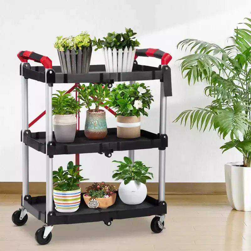 Carrello di servizio pieghevole a 3 ripiani con ruote girevoli a 360° bloccabili, resistente con capacità di 75 kg, per ufficio, garage, officina, cucina, magazzino