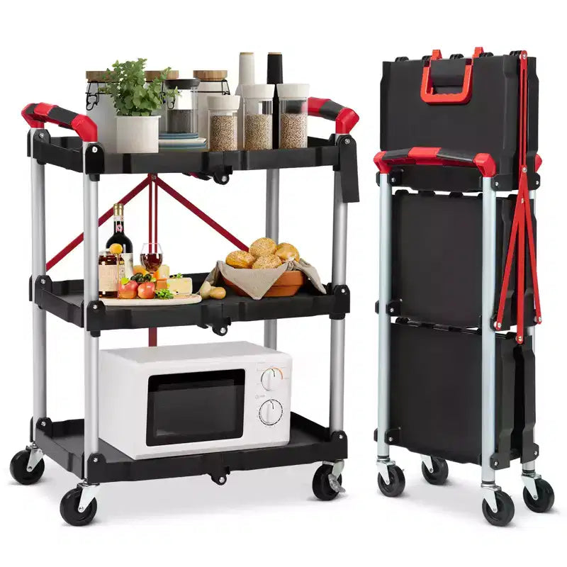 Carrello di servizio pieghevole a 3 ripiani con ruote girevoli a 360° bloccabili, resistente con capacità di 75 kg, per ufficio, garage, officina, cucina, magazzino