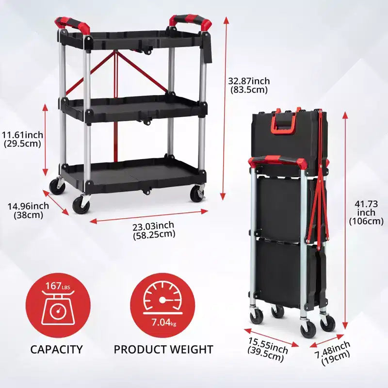 Carrello di servizio pieghevole a 3 ripiani con ruote girevoli a 360° bloccabili, resistente con capacità di 75 kg, per ufficio, garage, officina, cucina, magazzino
