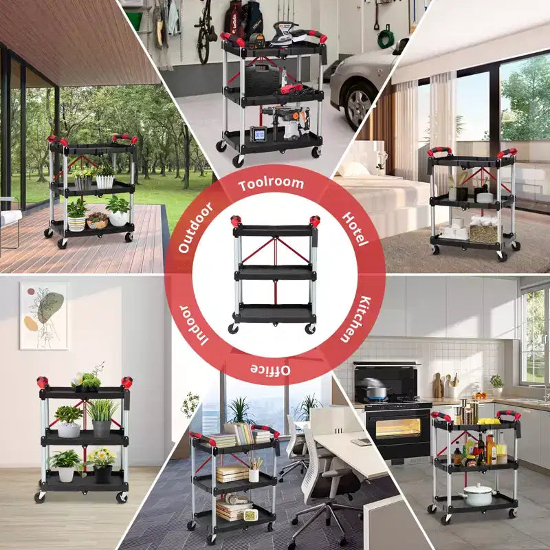 Carrello di servizio pieghevole a 3 ripiani con ruote girevoli a 360° bloccabili, resistente con capacità di 75 kg, per ufficio, garage, officina, cucina, magazzino