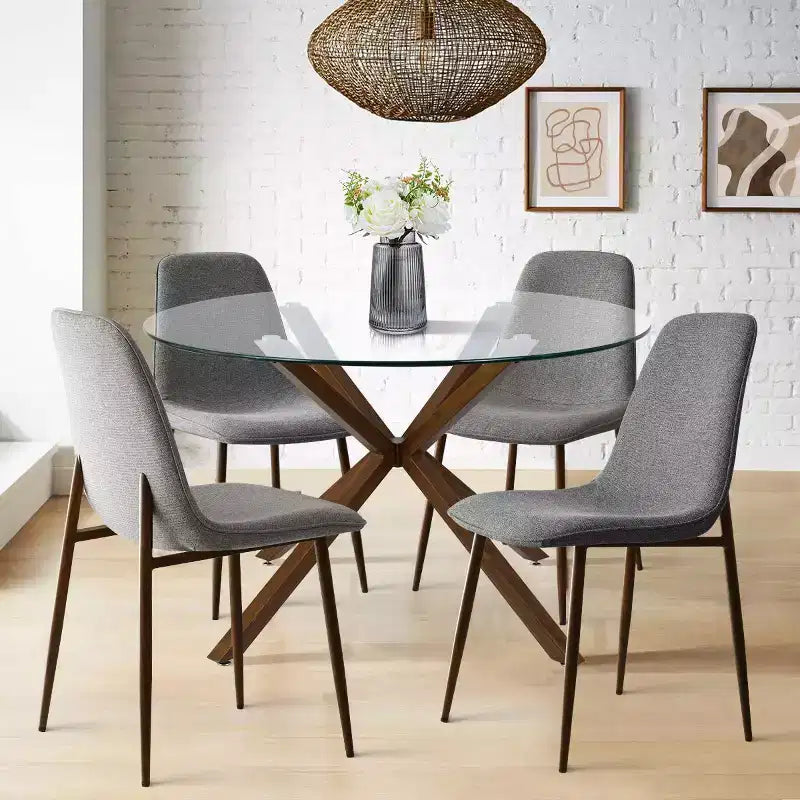 Olive+Oslo Set da pranzo 5 pezzi per 4 persone, Tavolo da pranzo rotondo in vetro con 4 sedie da pranzo imbottite Gambe color noce-Panipeachy