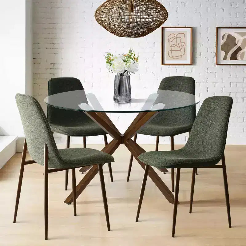 Olive+Oslo Set da pranzo 5 pezzi per 4 persone, Tavolo da pranzo rotondo in vetro con 4 sedie da pranzo imbottite Gambe color noce-Panipeachy