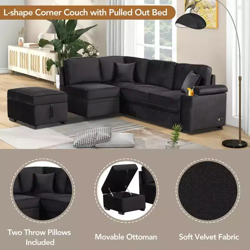 84,75 Divano letto a scomparsa 2 in 1 Divano letto estraibile a L con pouf contenitore per soggiorno, camera da letto e piccolo appartamento