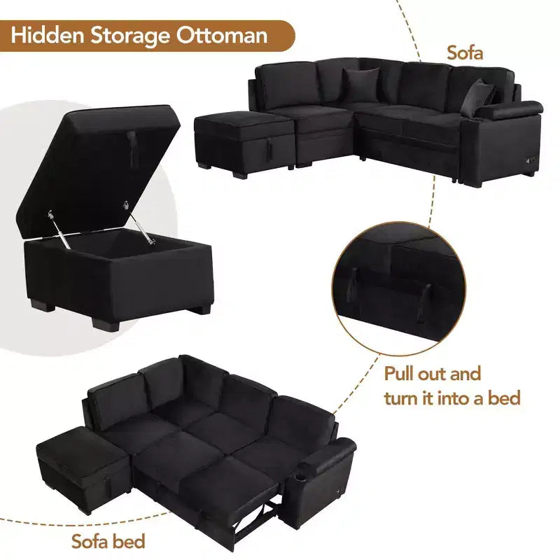 84,75 Divano letto a scomparsa 2 in 1 Divano letto estraibile a L con pouf contenitore per soggiorno, camera da letto e piccolo appartamento
