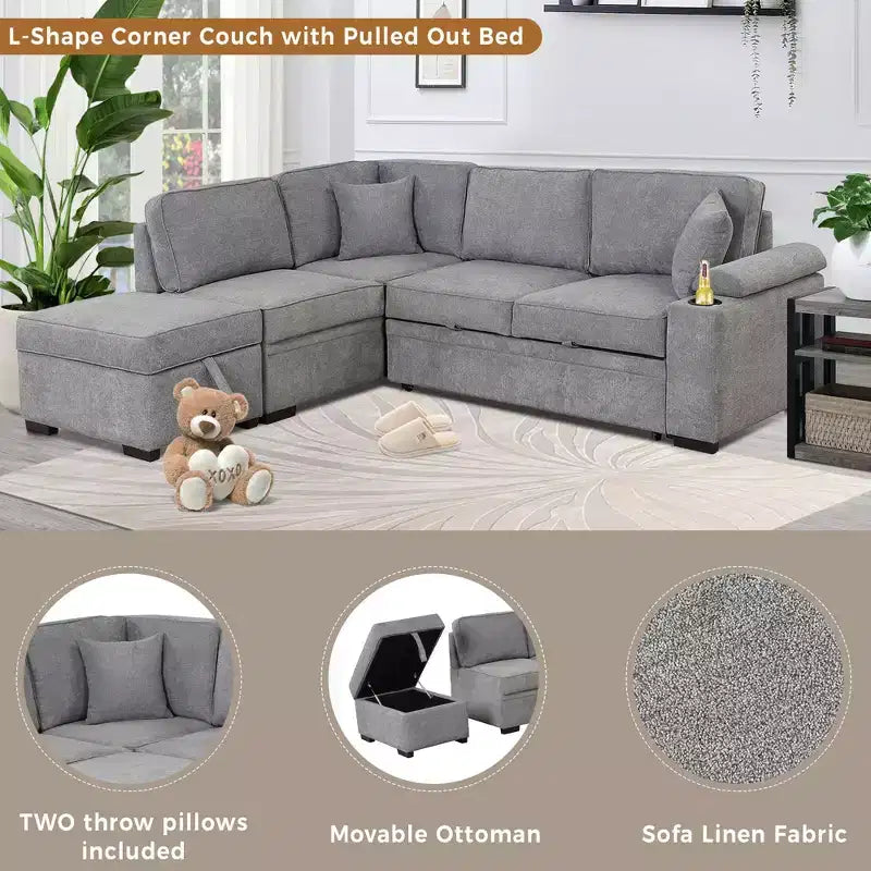 84,75 Divano letto a scomparsa 2 in 1 Divano letto estraibile a L con pouf contenitore per soggiorno, camera da letto e piccolo appartamento