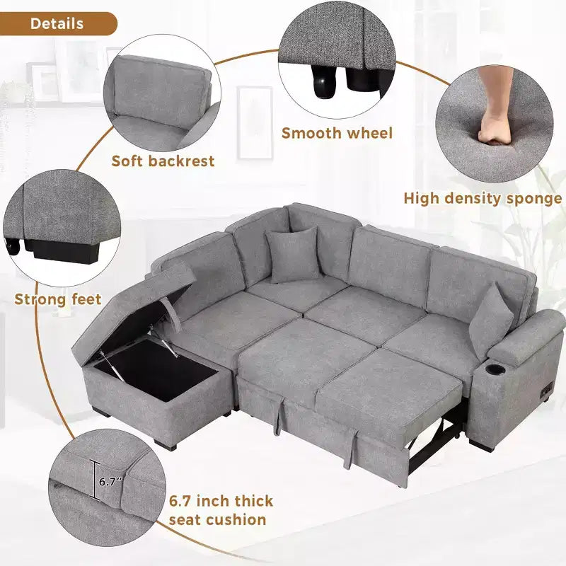 84,75 Divano letto a scomparsa 2 in 1 Divano letto estraibile a L con pouf contenitore per soggiorno, camera da letto e piccolo appartamento