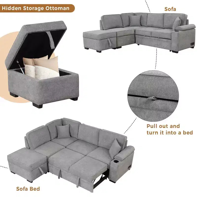84,75 Divano letto a scomparsa 2 in 1 Divano letto estraibile a L con pouf contenitore per soggiorno, camera da letto e piccolo appartamento