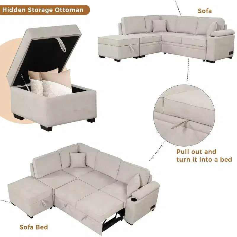 84,75 Divano letto a scomparsa 2 in 1 Divano letto estraibile a L con pouf contenitore per soggiorno, camera da letto e piccolo appartamento