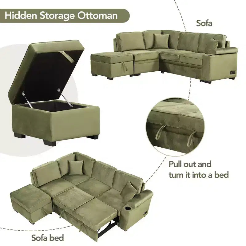 84,75 Divano letto a scomparsa 2 in 1 Divano letto estraibile a L con pouf contenitore per soggiorno, camera da letto e piccolo appartamento