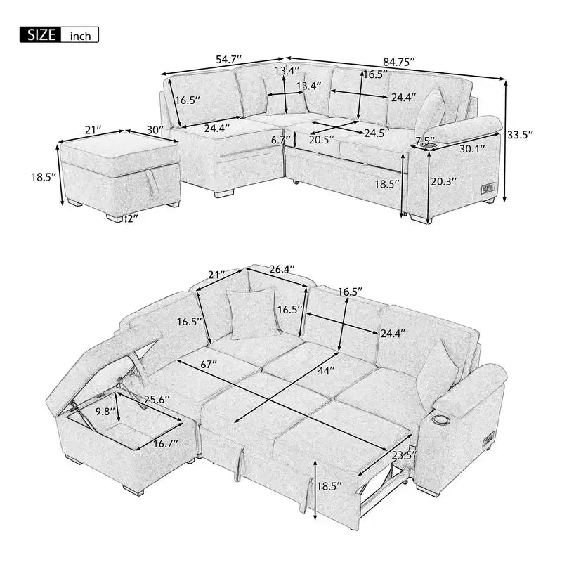 84,75 Divano letto a scomparsa 2 in 1 Divano letto estraibile a L con pouf contenitore per soggiorno, camera da letto e piccolo appartamento