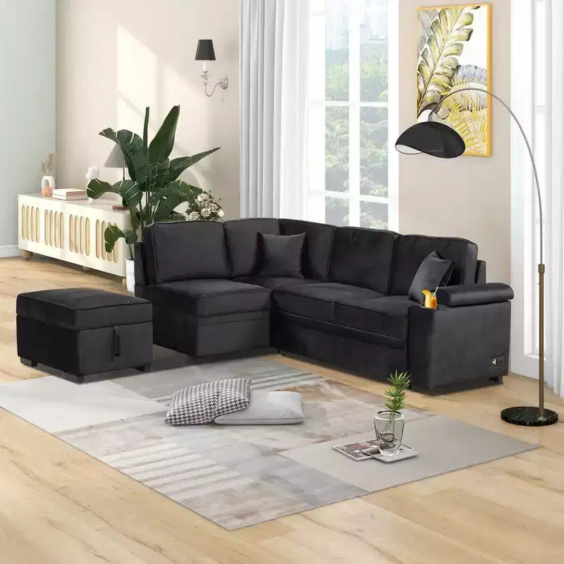 84,75 Divano letto a scomparsa 2 in 1 Divano letto estraibile a L con pouf contenitore per soggiorno, camera da letto e piccolo appartamento