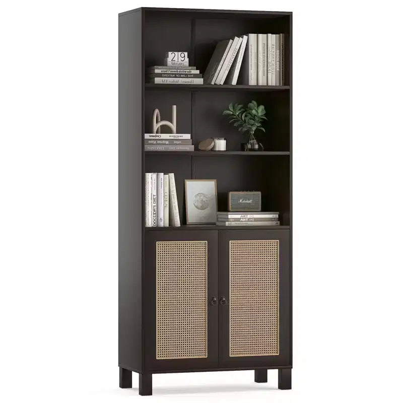 MAYEERTY Libreria Alta a 5 Ripiani con Ante in Rattan, Scaffali Contenitori in Legno per Soggiorno, Camera da Letto, Ufficio