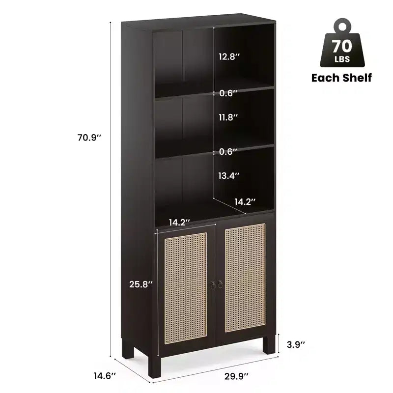 MAYEERTY Libreria Alta a 5 Ripiani con Ante in Rattan, Scaffali Contenitori in Legno per Soggiorno, Camera da Letto, Ufficio