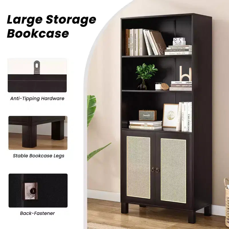 MAYEERTY Libreria Alta a 5 Ripiani con Ante in Rattan, Scaffali Contenitori in Legno per Soggiorno, Camera da Letto, Ufficio