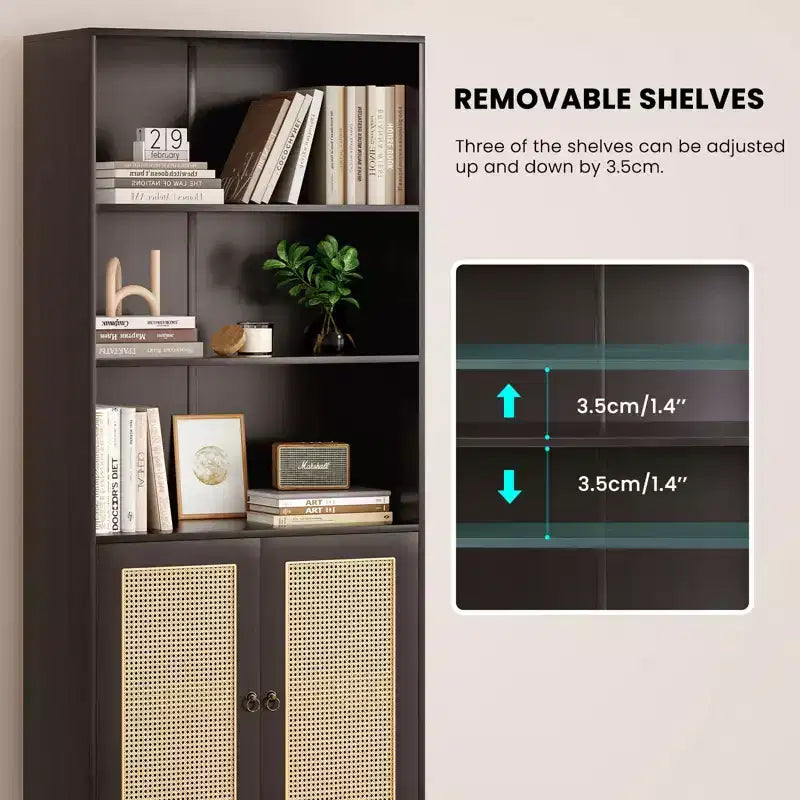 MAYEERTY Libreria Alta a 5 Ripiani con Ante in Rattan, Scaffali Contenitori in Legno per Soggiorno, Camera da Letto, Ufficio