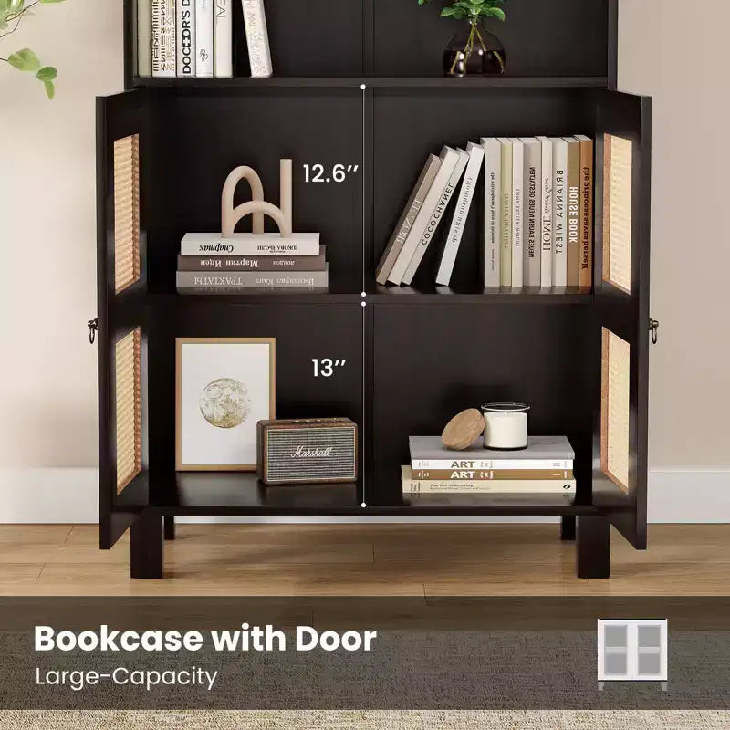 MAYEERTY Libreria Alta a 5 Ripiani con Ante in Rattan, Scaffali Contenitori in Legno per Soggiorno, Camera da Letto, Ufficio