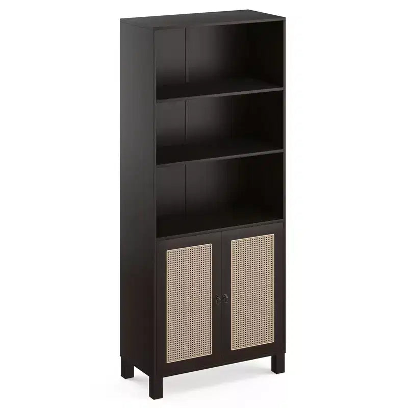 MAYEERTY Libreria Alta a 5 Ripiani con Ante in Rattan, Scaffali Contenitori in Legno per Soggiorno, Camera da Letto, Ufficio
