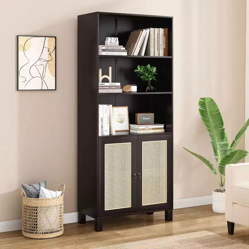 MAYEERTY Libreria Alta a 5 Ripiani con Ante in Rattan, Scaffali Contenitori in Legno per Soggiorno, Camera da Letto, Ufficio