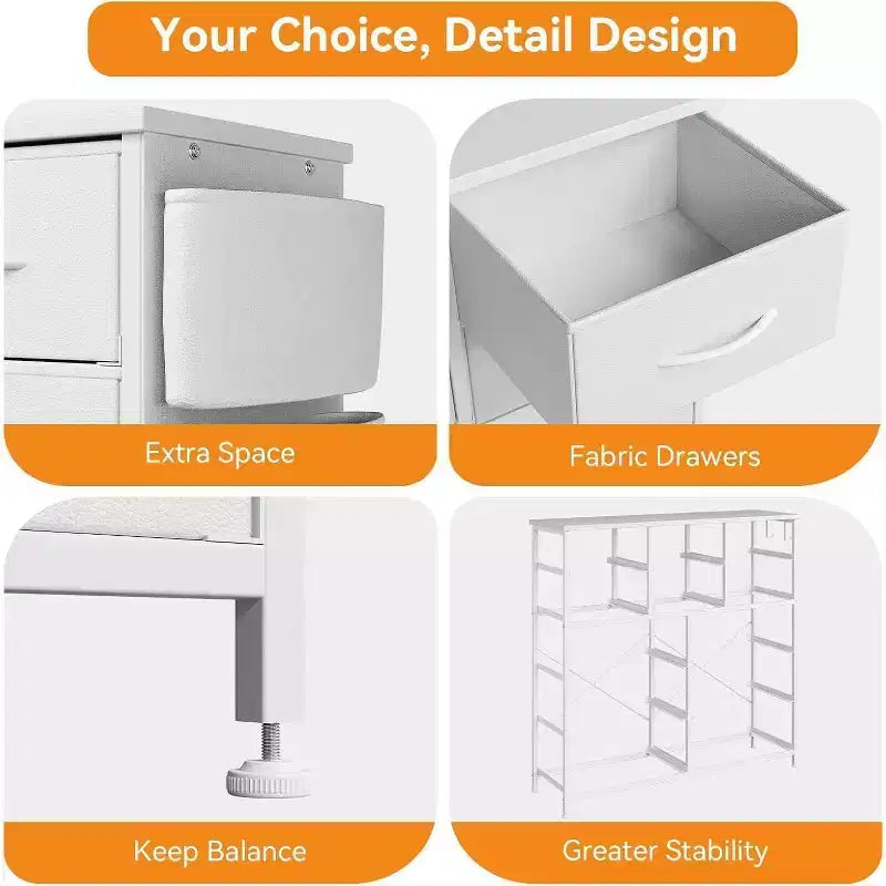 Acekool Comò a 10 cassetti con tasche laterali e ganci, cassettiera alta per camera da letto, soggiorno, corridoio, bianco